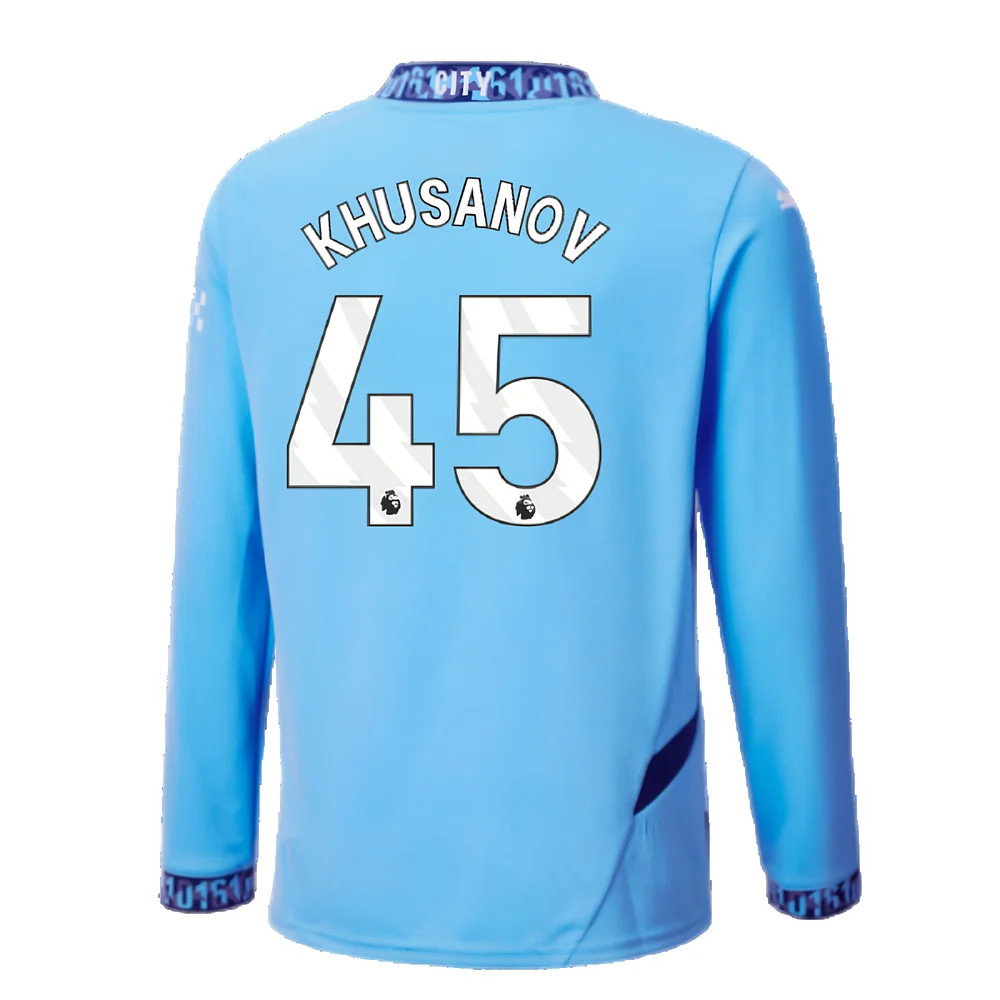 2024-2025 Man City Home Long Sleeve Shirt (Kids) (Khusanov 45)_2