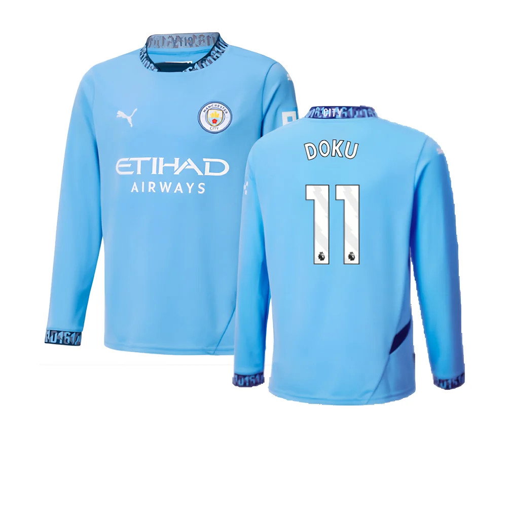 2024-2025 Man City Home Long Sleeve Shirt (Kids) (Doku 11)_0