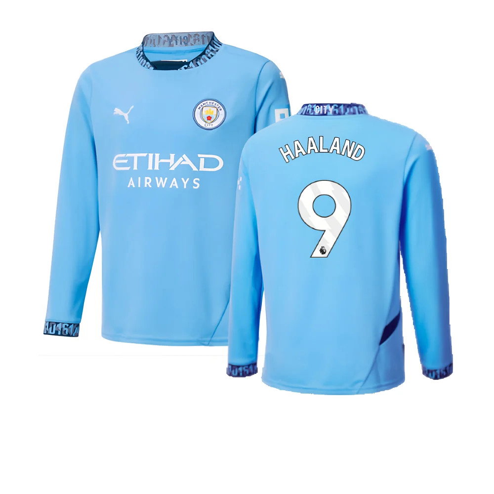 2024-2025 Man City Home Long Sleeve Shirt (Kids) (Haaland 9)_0