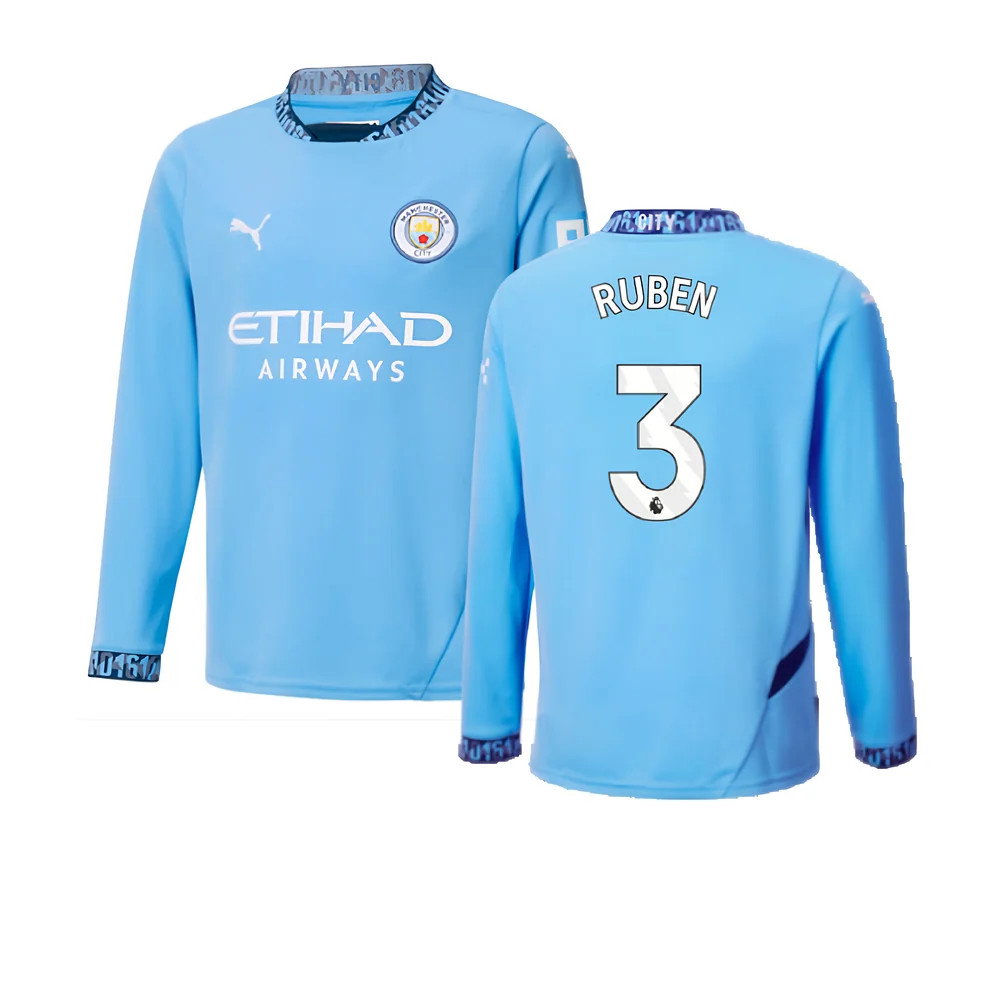 2024-2025 Man City Home Long Sleeve Shirt (Kids) (Ruben 3)_0
