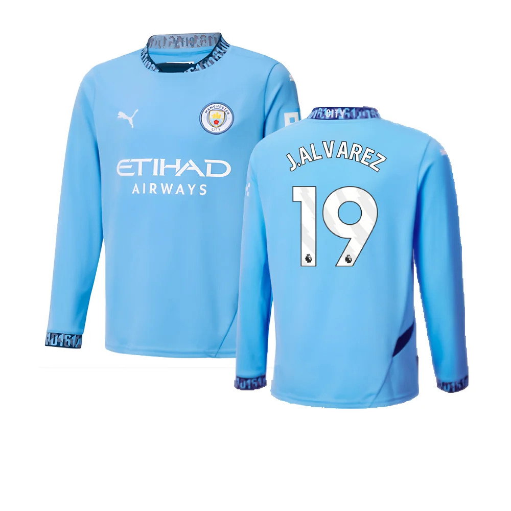 2024-2025 Man City Home Long Sleeve Shirt (Kids) (J.Alvarez 19)_0