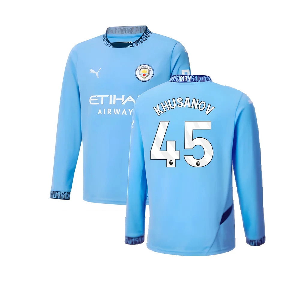 2024-2025 Man City Home Long Sleeve Shirt (Kids) (Khusanov 45)_0